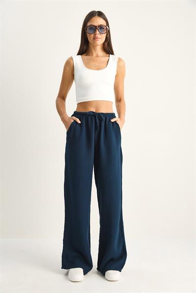 Kadın Bağcıklı Beli Lastikli Müslin Geniş Paça Pantolon YP5502 60286190 - Lacivert
