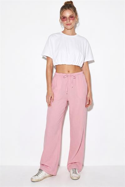 Kadın Bağcıklı Beli Lastikli Müslin Geniş Paça Pantolon YP5502 60286190 - Pembe