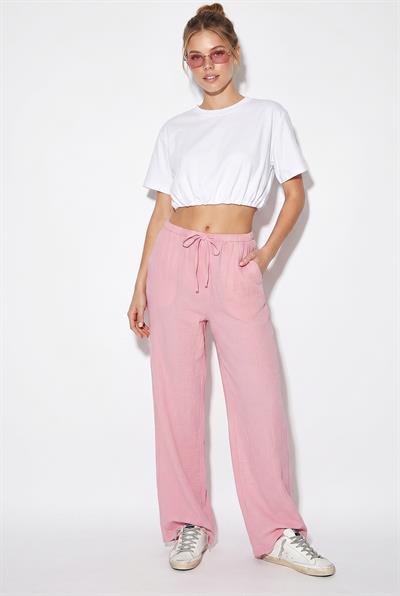 Kadın Bağcıklı Beli Lastikli Müslin Geniş Paça Pantolon YP5502 60286190 - Pembe