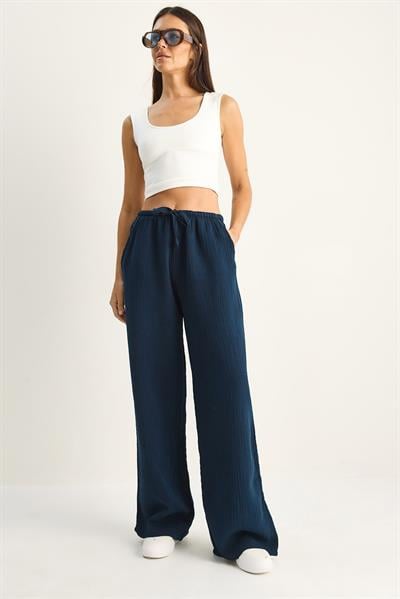 Kadın Bağcıklı Beli Lastikli Müslin Geniş Paça Pantolon YP5502 60286190 - Lacivert