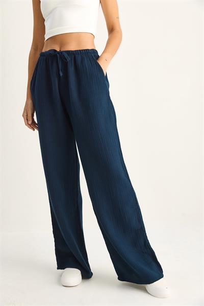 Kadın Bağcıklı Beli Lastikli Müslin Geniş Paça Pantolon YP5502 60286190 - Lacivert