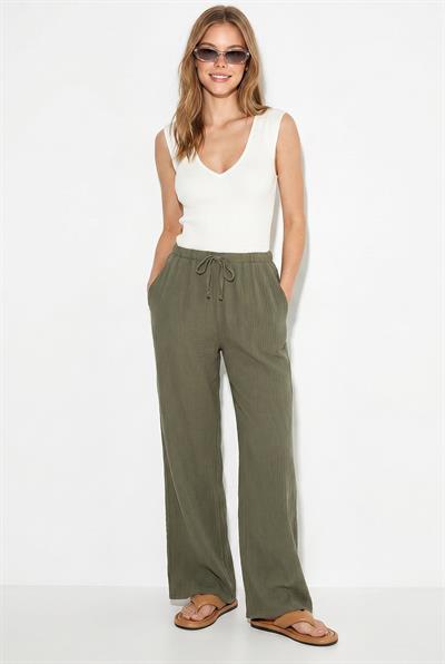 Kadın Bağcıklı Beli Lastikli Müslin Geniş Paça Pantolon YP5502 60286190 - Haki