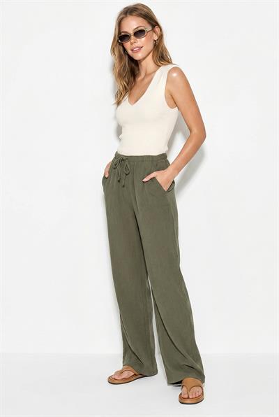 Kadın Bağcıklı Beli Lastikli Müslin Geniş Paça Pantolon YP5502 60286190 - Haki