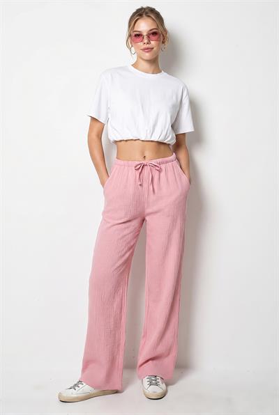 Kadın Bağcıklı Beli Lastikli Müslin Geniş Paça Pantolon YP5502 60286190 - Pembe