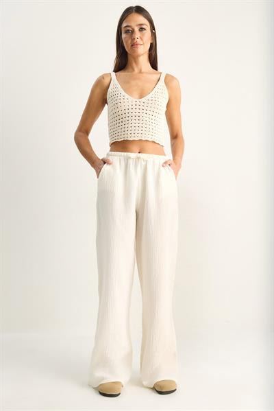 Kadın Bağcıklı Beli Lastikli Müslin Geniş Paça Pantolon YP5502 60286190 - Krem