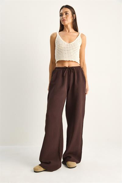 Kadın Bağcıklı Beli Lastikli Müslin Geniş Paça Pantolon YP5502 60286190 - Acı Kahve