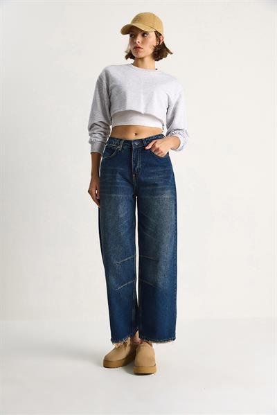 Kadın Baggy Fit Yüksek Bel Düz Paça Denim Pantolon 5287 60284108 - Lacivert