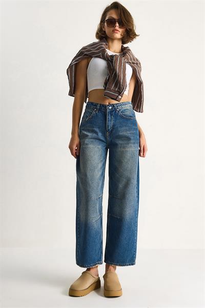 Kadın Baggy Fit Yüksek Bel Düz Paça Denim Pantolon 5287 60284108 - Mavi