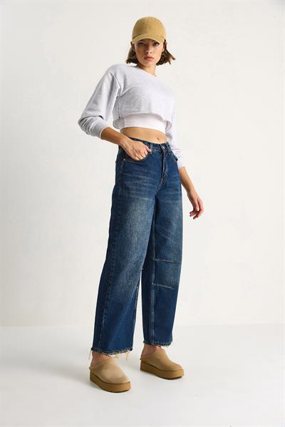 Kadın Baggy Fit Yüksek Bel Düz Paça Denim Pantolon 5287 60284108 - Lacivert