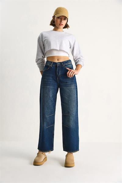 Kadın Baggy Fit Yüksek Bel Düz Paça Denim Pantolon 5287 60284108 - Lacivert