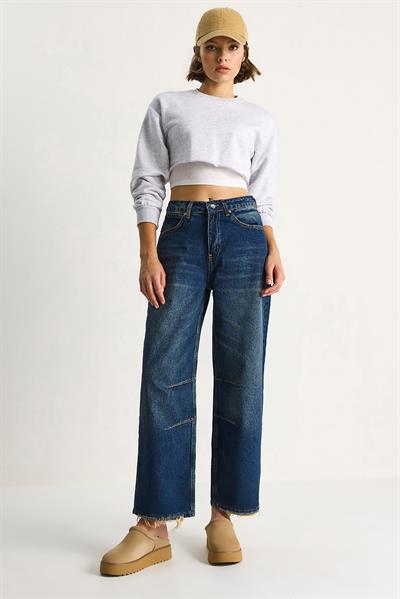 Kadın Baggy Fit Yüksek Bel Düz Paça Denim Pantolon 5287 60284108 - Lacivert