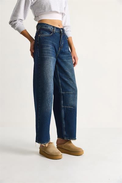 Kadın Baggy Fit Yüksek Bel Düz Paça Denim Pantolon 5287 60284108 - Lacivert