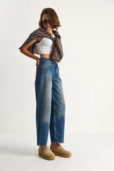 Kadın Baggy Fit Yüksek Bel Düz Paça Denim Pantolon 5287 60284108 - Mavi