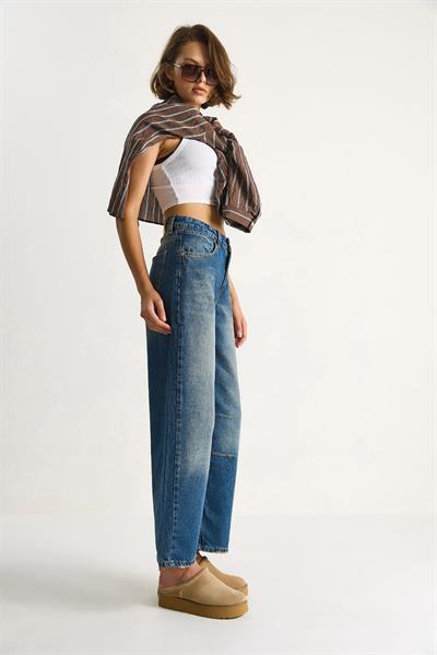Kadın Baggy Fit Yüksek Bel Düz Paça Denim Pantolon 5287 60284108 - Mavi