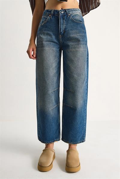 Kadın Baggy Fit Yüksek Bel Düz Paça Denim Pantolon 5287 60284108 - Mavi
