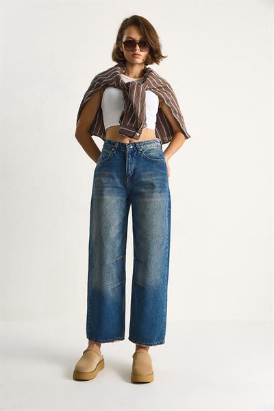 Kadın Baggy Fit Yüksek Bel Düz Paça Denim Pantolon 5287 60284108 - Mavi