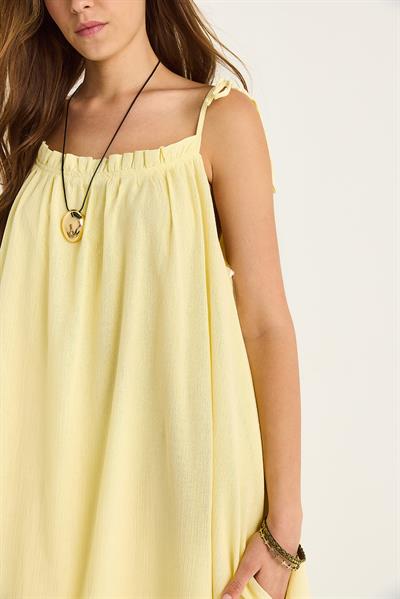 Kadın Bağlama Askılı Cep Detaylı Astarlı Uzun Krinkıl Oversize Elbise 5249 60281095 - Sarı