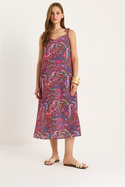 Kadın Bağlama Askılı V Yaka Cep Detaylı Desenli Midi Elbise 25-083 60283458 - Pembe