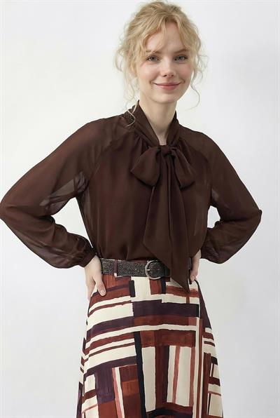 Kadın Bağlama Detaylı Astarlı Şifon Bluz 71759 60286015 - Acı Kahve