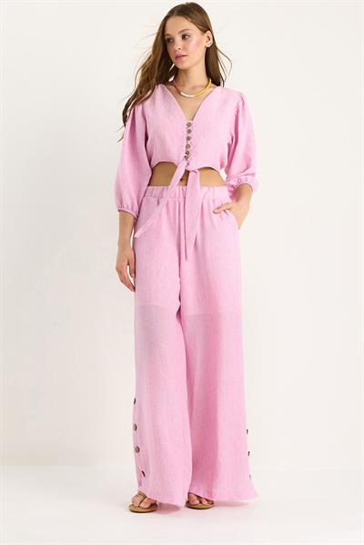 Kadın Bağlama Detaylı Bluz Astarlı Paçası Düğmeli Pantolonlu Astarlı Alt-Üst Takım 9266 60281046 - Pembe