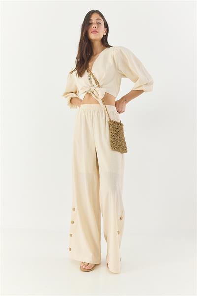 Kadın Bağlama Detaylı Bluz Astarlı Paçası Düğmeli Pantolonlu Astarlı Alt-Üst Takım 9266 60281046 - Bej