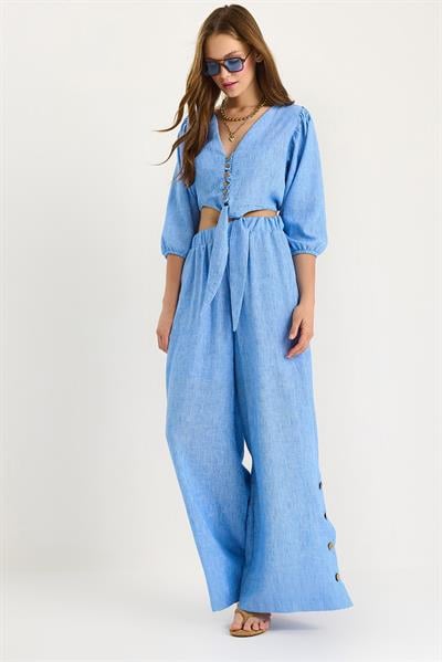 Kadın Bağlama Detaylı Bluz Astarlı Paçası Düğmeli Pantolonlu Astarlı Alt-Üst Takım 9266 60281046 - Gök Mavisi