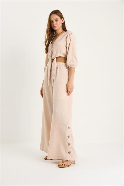 Kadın Bağlama Detaylı Bluz Astarlı Paçası Düğmeli Pantolonlu Astarlı Alt-Üst Takım 9266 60281046 - Taş