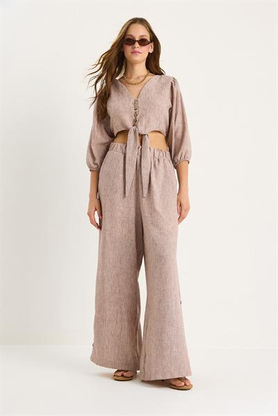 Kadın Bağlama Detaylı Bluz Astarlı Paçası Düğmeli Pantolonlu Astarlı Alt-Üst Takım 9266 60281046 - Sütlü Kahve