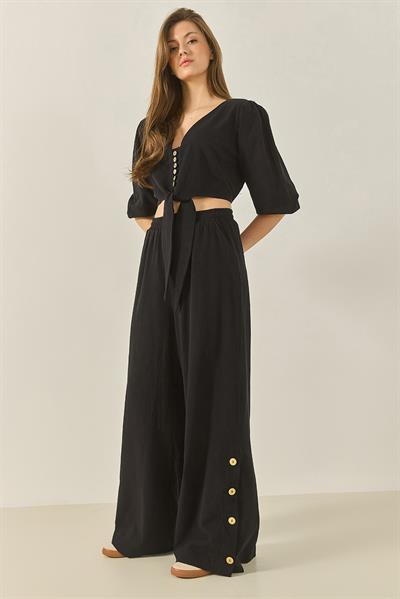 Kadın Bağlama Detaylı Bluz Astarlı Paçası Düğmeli Pantolonlu Astarlı Alt-Üst Takım 9266 60281046 - Siyah