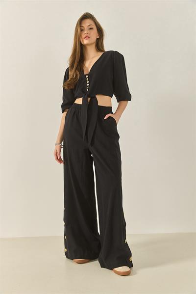 Kadın Bağlama Detaylı Bluz Astarlı Paçası Düğmeli Pantolonlu Astarlı Alt-Üst Takım 9266 60281046 - Siyah
