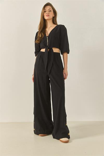 Kadın Bağlama Detaylı Bluz Astarlı Paçası Düğmeli Pantolonlu Astarlı Alt-Üst Takım 9266 60281046 - Siyah