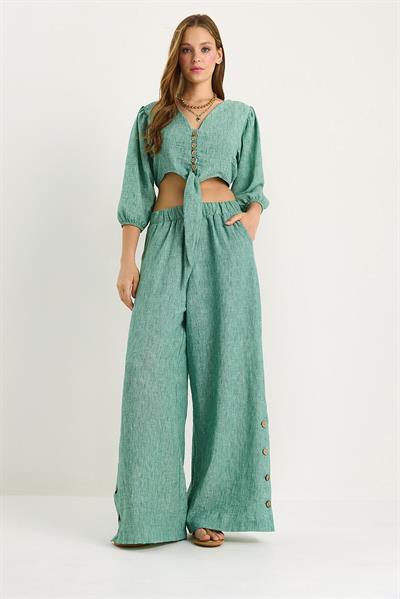 Kadın Bağlama Detaylı Bluz Astarlı Paçası Düğmeli Pantolonlu Astarlı Alt-Üst Takım 9266 60281046 - Yeşil