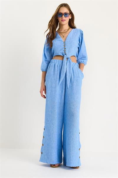 Kadın Bağlama Detaylı Bluz Astarlı Paçası Düğmeli Pantolonlu Astarlı Alt-Üst Takım 9266 60281046 - Gök Mavisi
