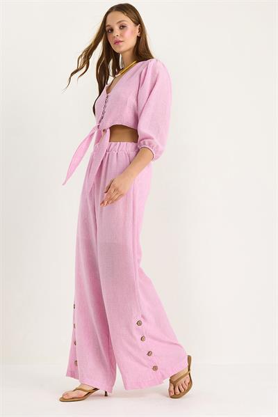 Kadın Bağlama Detaylı Bluz Astarlı Paçası Düğmeli Pantolonlu Astarlı Alt-Üst Takım 9266 60281046 - Pembe