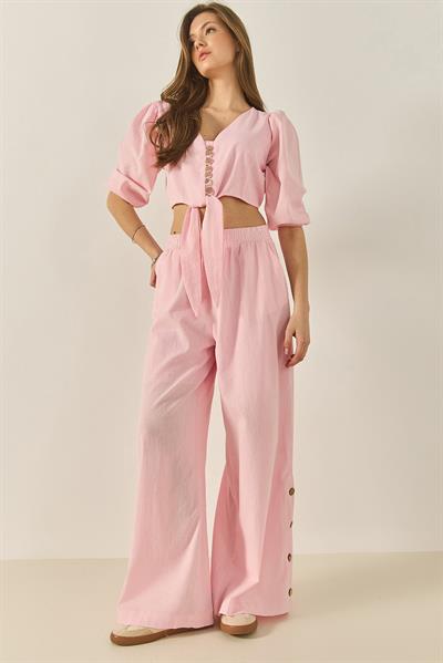 Kadın Bağlama Detaylı Bluz Astarlı Paçası Düğmeli Pantolonlu Astarlı Alt-Üst Takım 9266 60281046 - Şeker Pembe