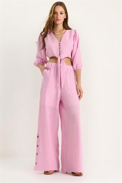 Kadın Bağlama Detaylı Bluz Astarlı Paçası Düğmeli Pantolonlu Astarlı Alt-Üst Takım 9266 60281046 - Pembe