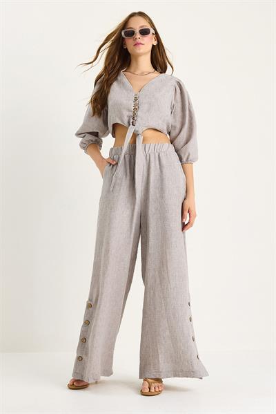 Kadın Bağlama Detaylı Bluz Astarlı Paçası Düğmeli Pantolonlu Astarlı Alt-Üst Takım 9266 60281046 - Gri