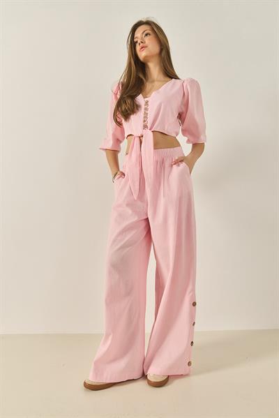 Kadın Bağlama Detaylı Bluz Astarlı Paçası Düğmeli Pantolonlu Astarlı Alt-Üst Takım 9266 60281046 - Şeker Pembe