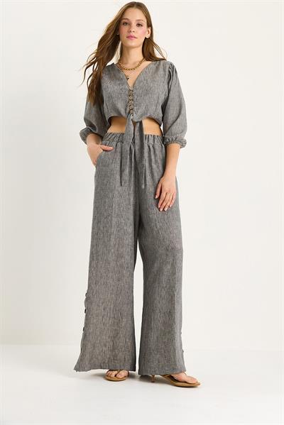 Kadın Bağlama Detaylı Bluz Astarlı Paçası Düğmeli Pantolonlu Astarlı Alt-Üst Takım 9266 60281046 - Antrasit