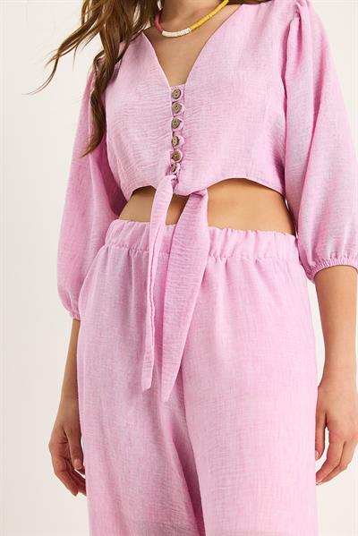 Kadın Bağlama Detaylı Bluz Astarlı Paçası Düğmeli Pantolonlu Astarlı Alt-Üst Takım 9266 60281046 - Pembe