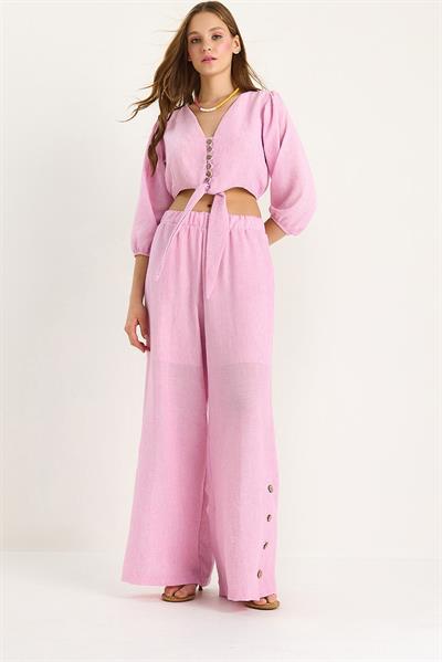 Kadın Bağlama Detaylı Bluz Astarlı Paçası Düğmeli Pantolonlu Astarlı Alt-Üst Takım 9266 60281046 - Pembe