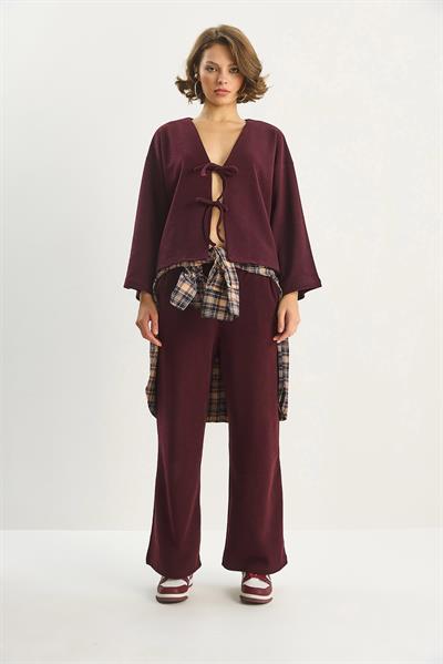 Kadın Bağlama Detaylı Kimono Yüksek Bel Bol Pantolon Selanik Takım 7028 60283640 - Bordo