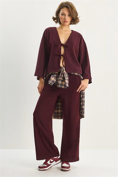 Kadın Bağlama Detaylı Kimono Yüksek Bel Bol Pantolon Selanik Takım 7028 60283640 - Bordo