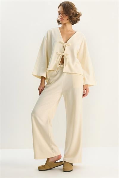 Kadın Bağlama Detaylı Kimono Yüksek Bel Bol Pantolon Selanik Takım 7028 60283640 - Vanilya