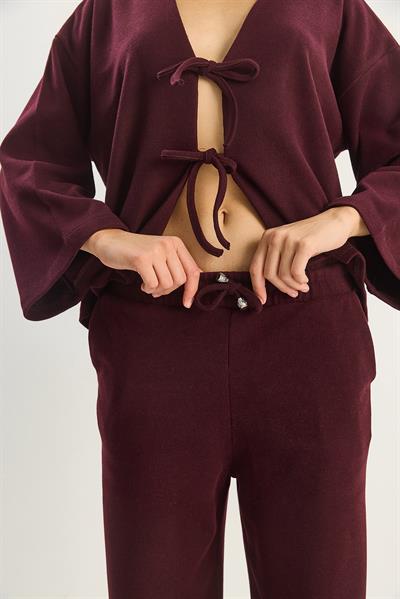Kadın Bağlama Detaylı Kimono Yüksek Bel Bol Pantolon Selanik Takım 7028 60283640 - Bordo