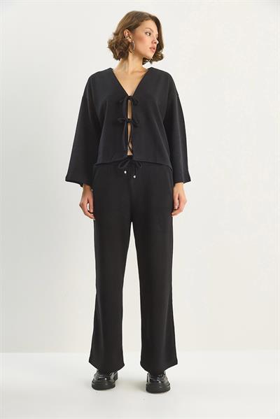 Kadın Bağlama Detaylı Kimono Yüksek Bel Bol Pantolon Selanik Takım 7028 60283640 - Siyah