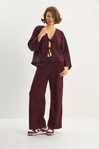 Kadın Bağlama Detaylı Kimono Yüksek Bel Bol Pantolon Selanik Takım 7028 60283640 - Bordo