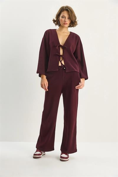 Kadın Bağlama Detaylı Kimono Yüksek Bel Bol Pantolon Selanik Takım 7028 60283640 - Bordo