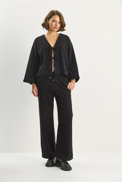 Kadın Bağlama Detaylı Kimono Yüksek Bel Bol Pantolon Selanik Takım 7028 60283640 - Siyah