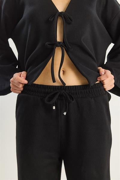 Kadın Bağlama Detaylı Kimono Yüksek Bel Bol Pantolon Selanik Takım 7028 60283640 - Siyah